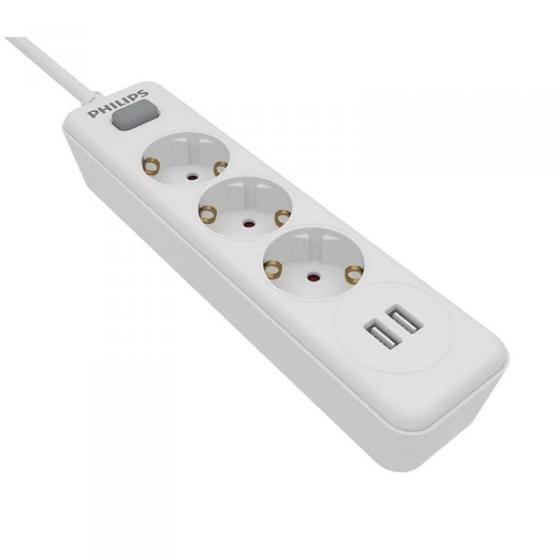 Regleta con Interruptor Philips SPN3032WA/10/ 3 Tomas de corriente/ 2 USB/ Cable 2m/ Blanca
