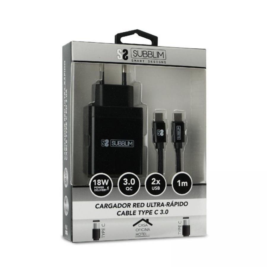 Cargador de Pared Subblim SUB-CHG-3WPD02/ USB + Cable USB Tipo-C/ 2.4A/ Negro - Imagen 1