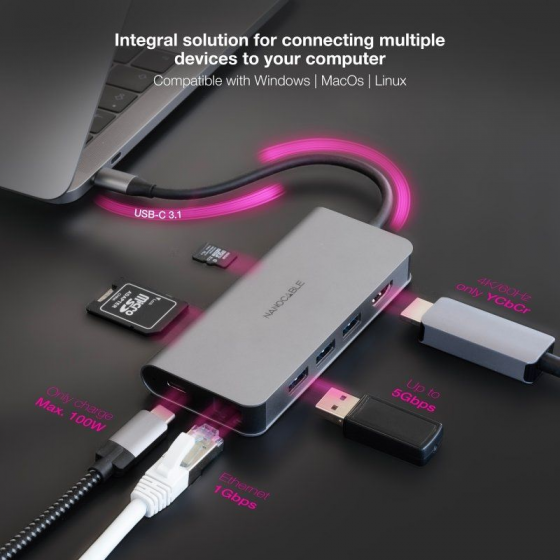 Docking Tipo-C Nanocable 10.16.4609/ 3xUSB/ 1xHDMI 4K/ 1xRJ45/ 1xLector tarjetas/ 1xUSB Tipo-C PD/ Gris