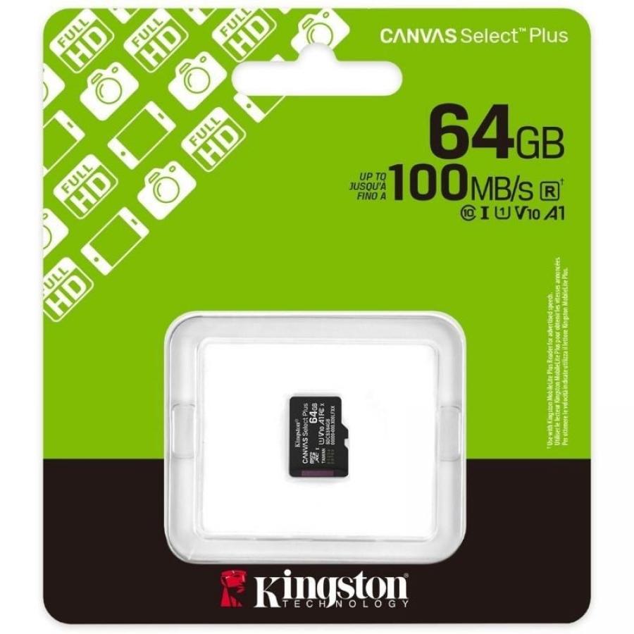 Tarjeta de Memoria Kingston CANVAS Select Plus 64GB microSD XC/ Clase 10/ 100MBs