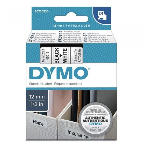 Cinta Rotuladora Adhesiva de Plástico Dymo D1 45013 para Label Manager 12mm x 7m Negra-Blanca