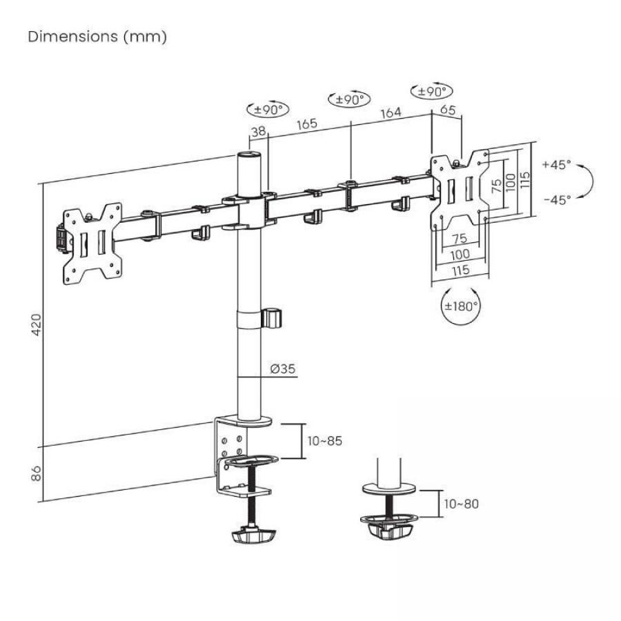 Soporte de Mesa para 2 Monitores Aisens DT32TSR-279/ Giratorio/ Inclinable/ hasta 10kg