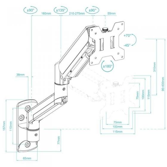 Soporte de Pared para Monitor TooQ LP1334TNR-B/ Giratorio/ Inclinable/ Rotatorio/ hasta 10kg