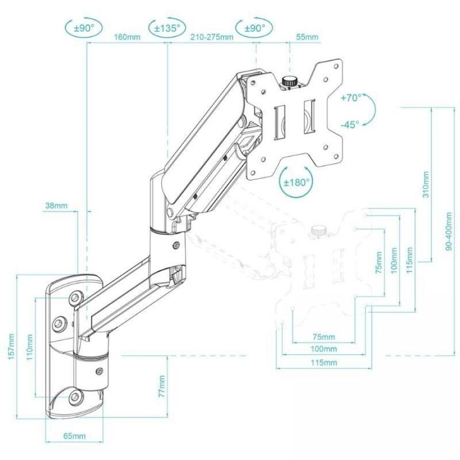 Soporte de Pared para Monitor TooQ LP1334TNR-B/ Giratorio/ Inclinable/ Rotatorio/ hasta 10kg