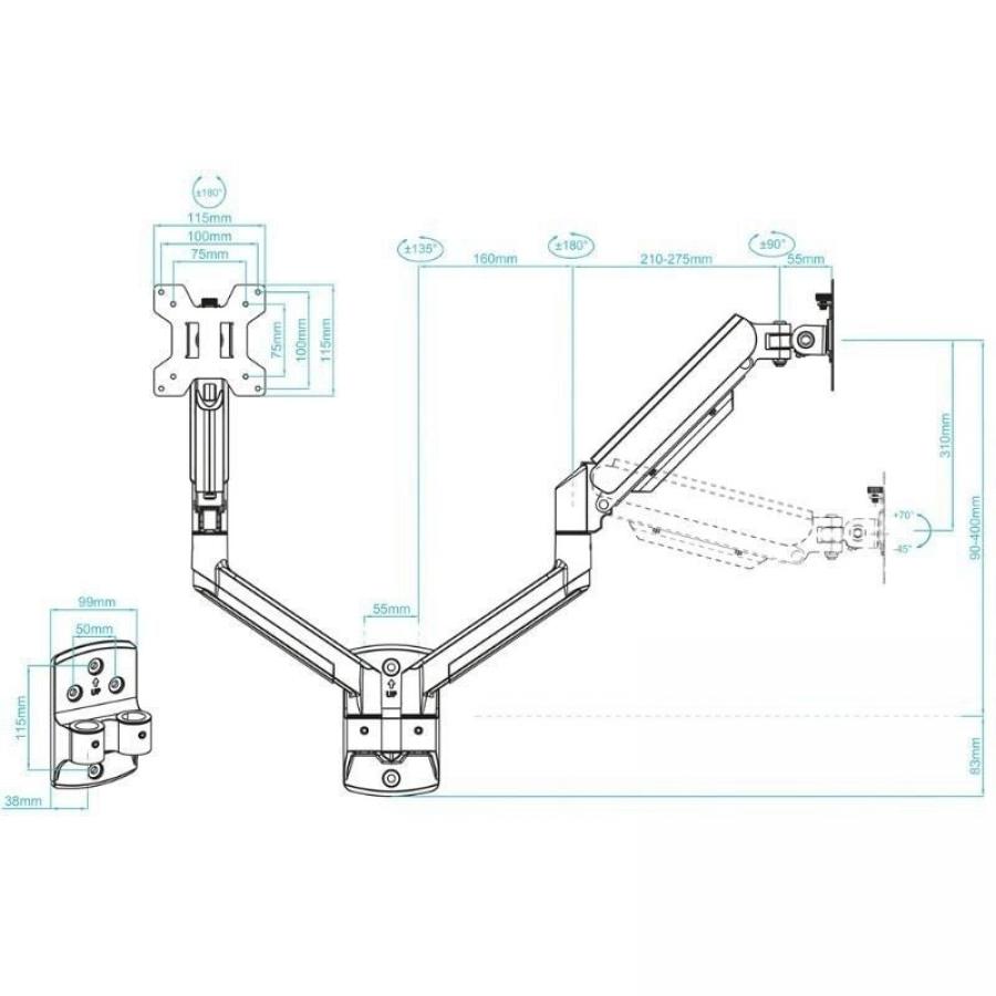 Soporte de Pared para 2 Monitores TooQ LP1434TNR-B/ Giratorio/ Inclinable/ Rotatorio/ hasta 10kg