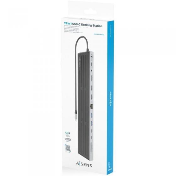 Docking USB Tipo-C Aisens ASUC-13P042-GR/ 2xUSB Tipo-C/ 1xUSB Tipo-C PD/ 2xUSB/ 2xHDMI/ 1xDisplayPort/ 1xLector de Tarjetas/ 1xJ