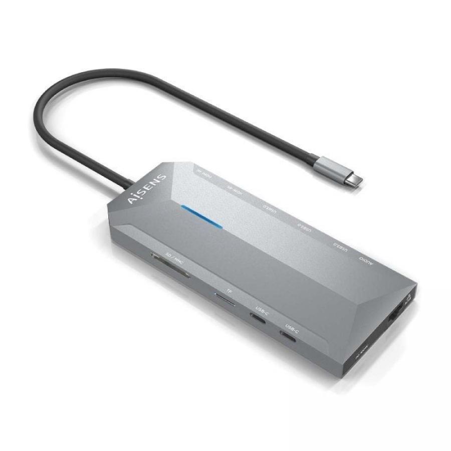 Docking USB Tipo-C Aisens ASUC-12P005-GR/ 2xHDMI 4K/ 3xUSB/ 2xUSB Tipo-C/ 1xRJ45/ 1xAudio/ 1xLector Tarjetas/ 1x Jack/ 1xUSB Tip