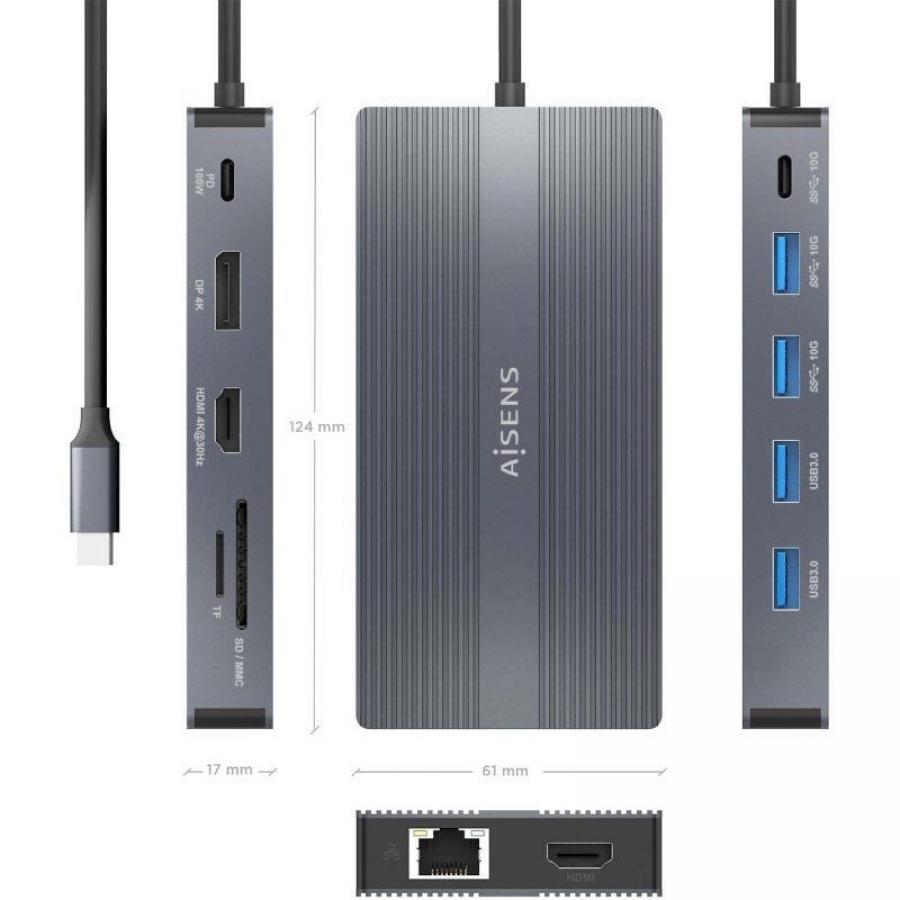 Docking USB Tipo-C Aisens ASUC-12P017-GR/ 2xHDMI 4K/ 4xUSB/ 1xUSB Tipo-C/ 1xRJ45/ 1xDisplayPort/ 1xLector Tarjetas/ 1xUSB Tipo-C