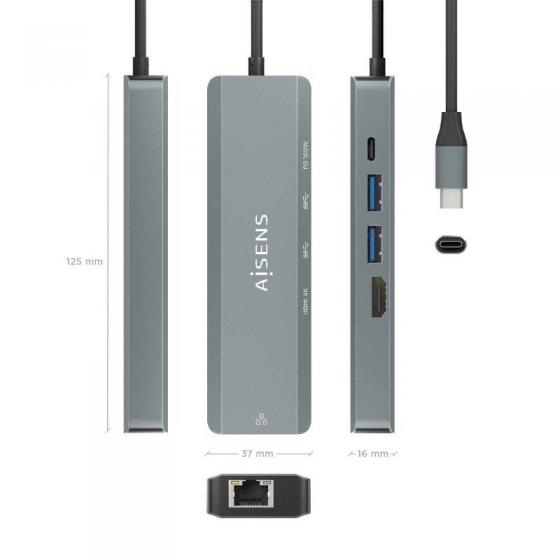 Docking USB Tipo-C Aisens ASUC-5P011-GR/ 1xHDMI 4K/ 2xUSB/ 1xRJ45/ 1xUSB Tipo-C/ 1xUSB Tipo-C PD/ Gris