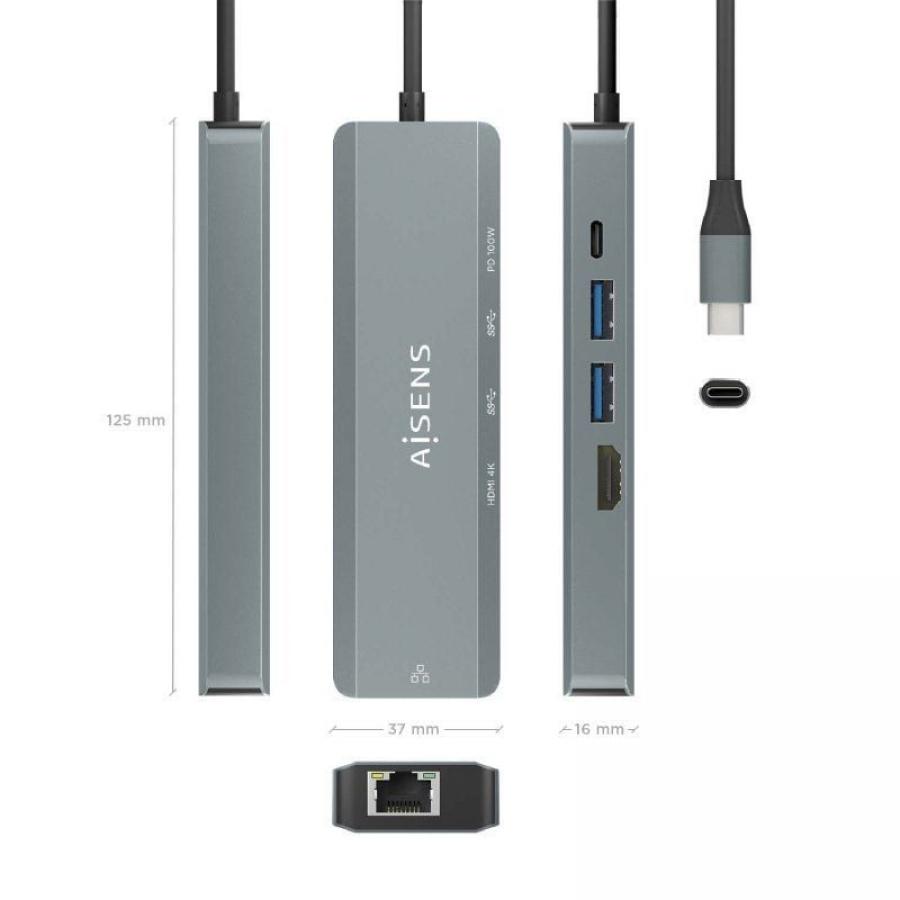 Docking USB Tipo-C Aisens ASUC-5P011-GR/ 1xHDMI 4K/ 2xUSB/ 1xRJ45/ 1xUSB Tipo-C/ 1xUSB Tipo-C PD/ Gris