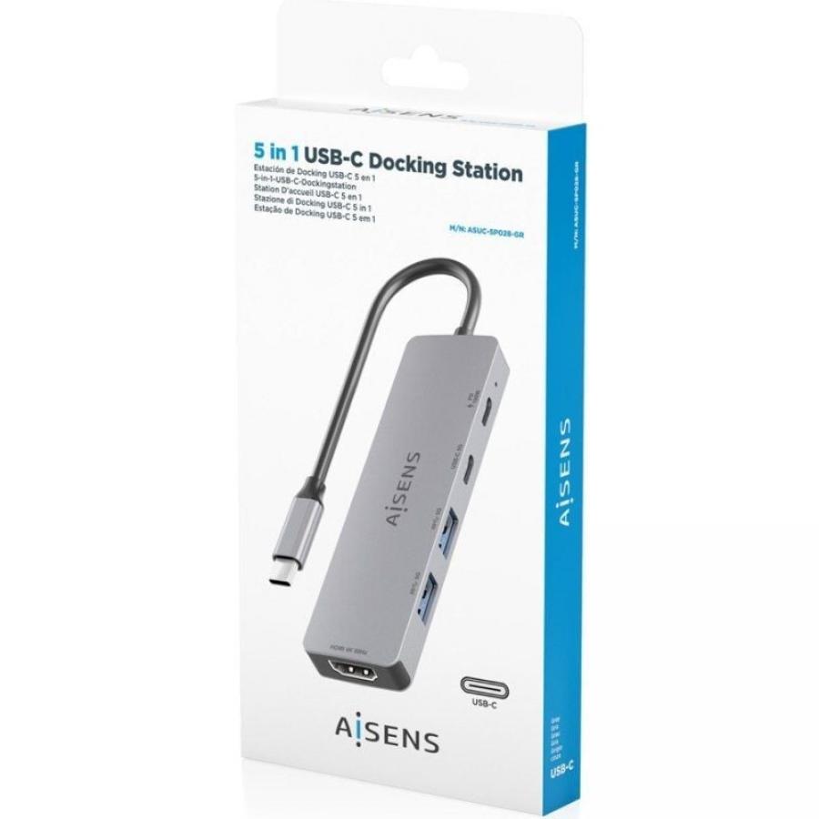Docking USB Tipo-C Aisens ASUC-5P028-GR/ 1xHDMI 4K/ 2xUSB/ 2xUSB Tipo-C/ 1xUSB Tipo-C PD/ Gris