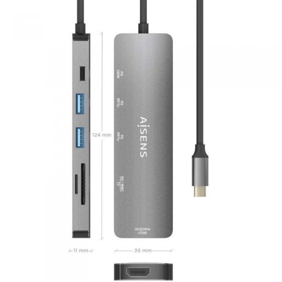 Docking USB Tipo-C Aisens ASUC-6P016-GR/ 1xHDMI 4K/ 2xUSB/ 1xLector Tarjetas/ 1xUSB Tipo-C PD/ Gris