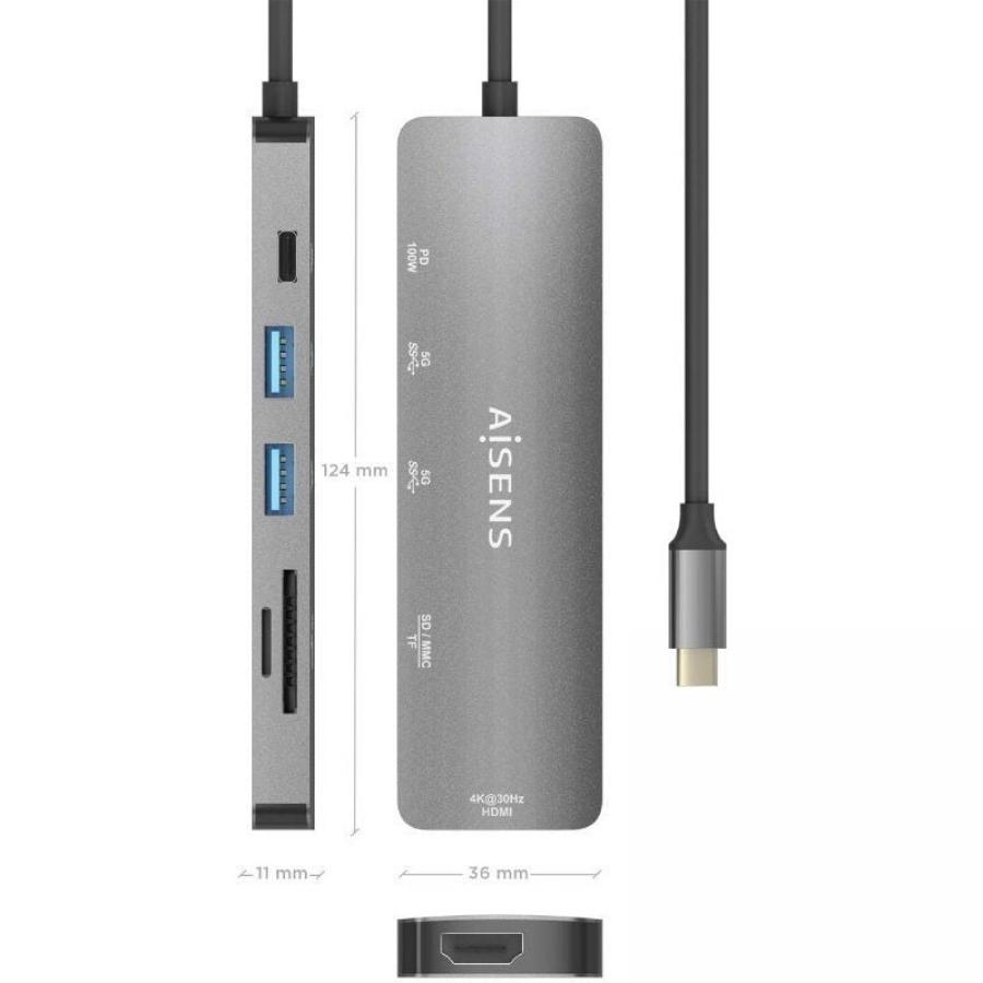 Docking USB Tipo-C Aisens ASUC-6P016-GR/ 1xHDMI 4K/ 2xUSB/ 1xLector Tarjetas/ 1xUSB Tipo-C PD/ Gris