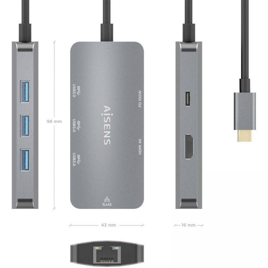 Docking USB Tipo-C Aisens ASUC-6P019-GR/ 1xHDMI 4K/ 3xUSB/ 1xRJ45/ 1xUSB Tipo-C PD/ Gris