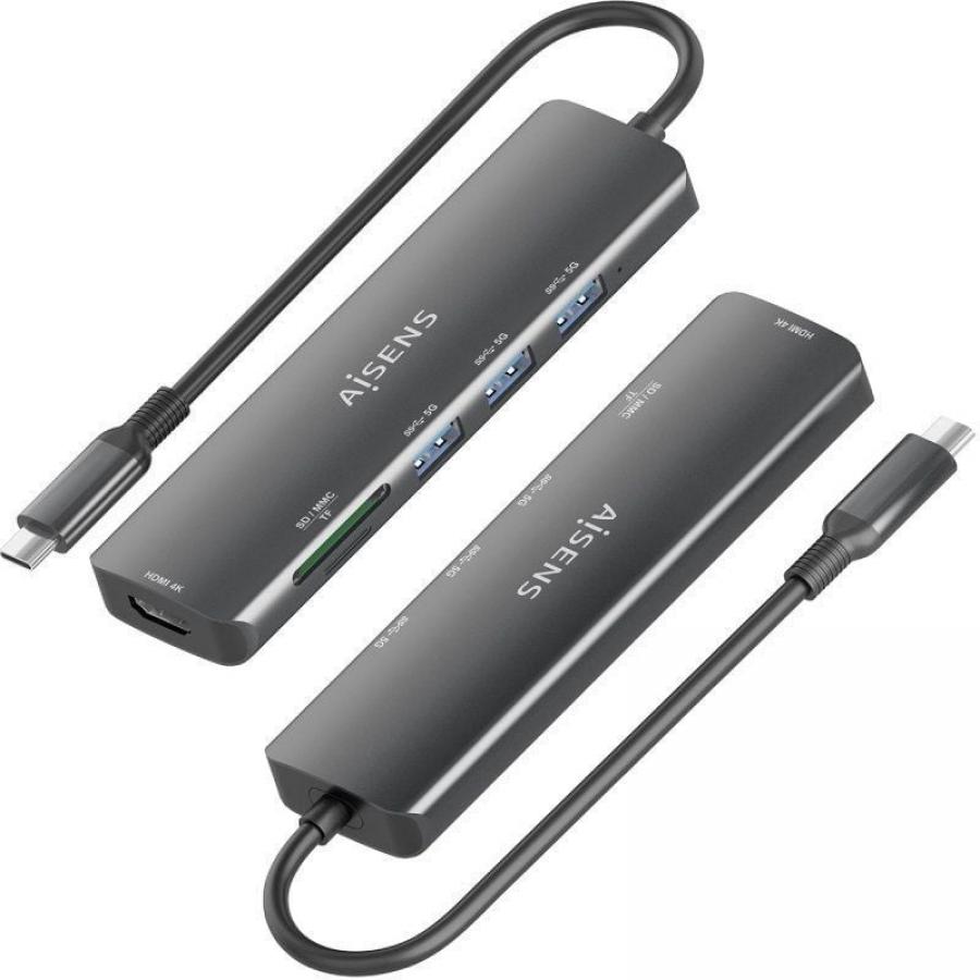 Docking USB Tipo-C Aisens ASUC-6P024-GR/ 1xHDMI 4K/ 3xUSB/ 1xLector Tarjetas/ Gris