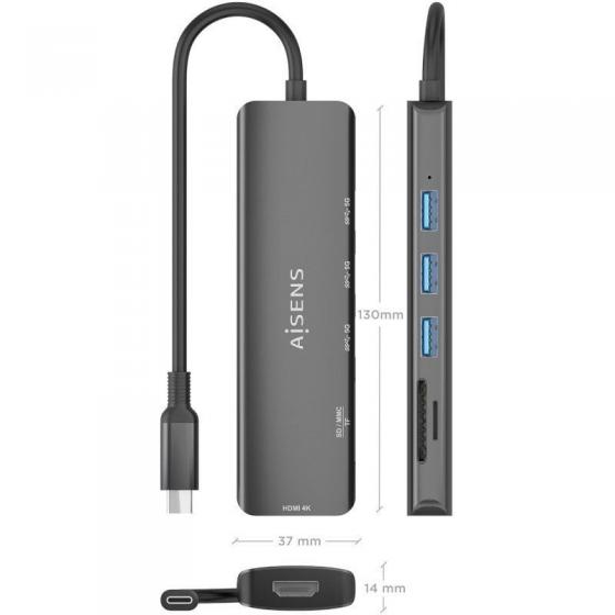 Docking USB Tipo-C Aisens ASUC-6P024-GR/ 1xHDMI 4K/ 3xUSB/ 1xLector Tarjetas/ Gris