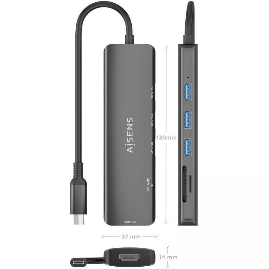 Docking USB Tipo-C Aisens ASUC-6P024-GR/ 1xHDMI 4K/ 3xUSB/ 1xLector Tarjetas/ Gris