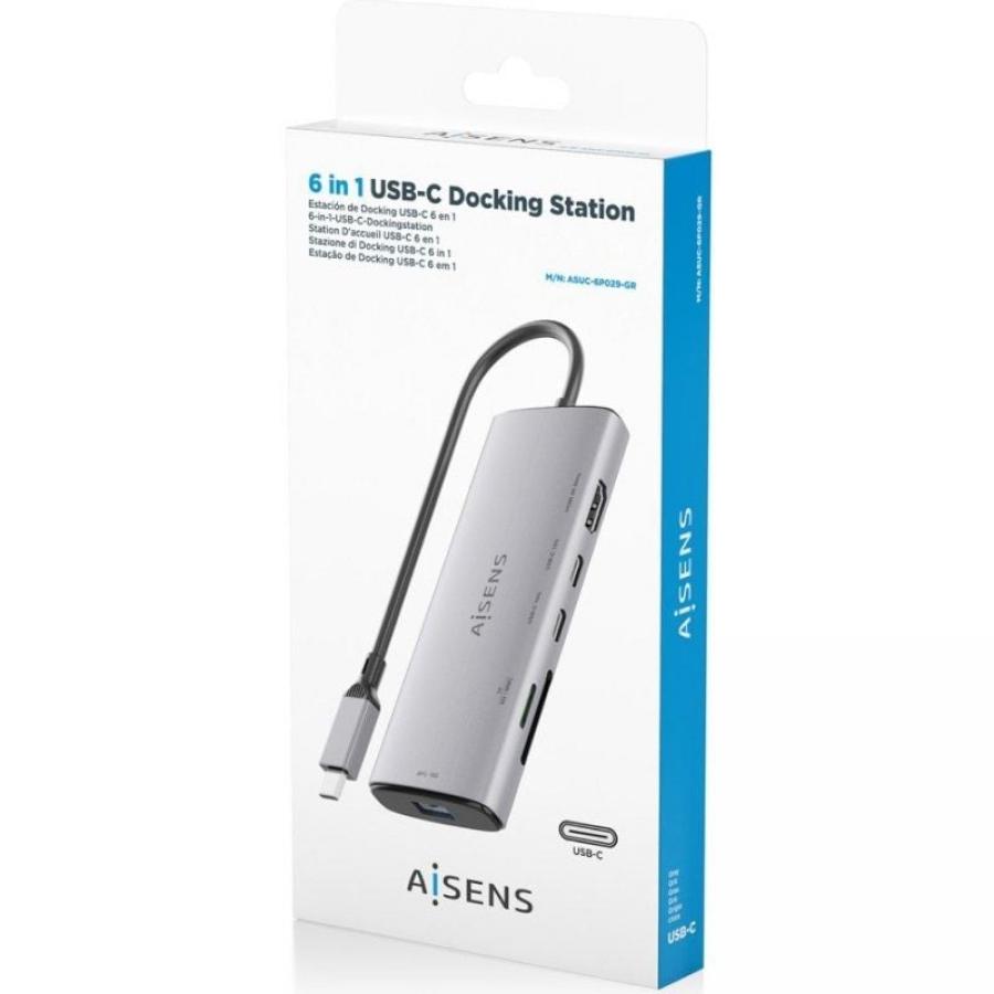 Docking USB Tipo-C Aisens ASUC-6P029-GR/ 1xHDMI 4K/ 1xUSB/ 2xUSB Tipo-C/ 1xLector de Tarjetas/ Gris