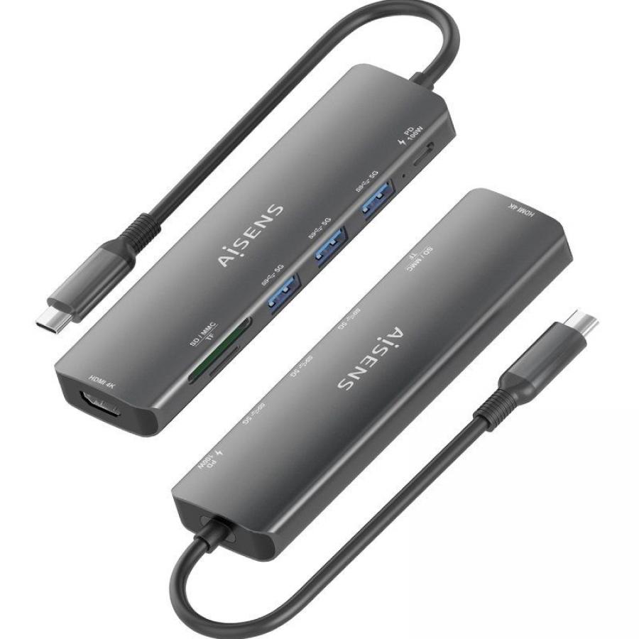 Docking USB Tipo-C Aisens ASUC-7P025-GR/ 1xHDMI 4K/ 3xUSB/ 1xUSB Tipo-C PD/ 1xLector Tarjetas/ Gris