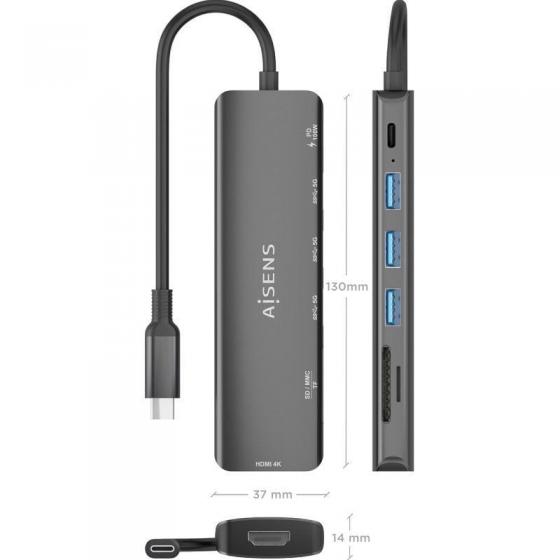Docking USB Tipo-C Aisens ASUC-7P025-GR/ 1xHDMI 4K/ 3xUSB/ 1xUSB Tipo-C PD/ 1xLector Tarjetas/ Gris