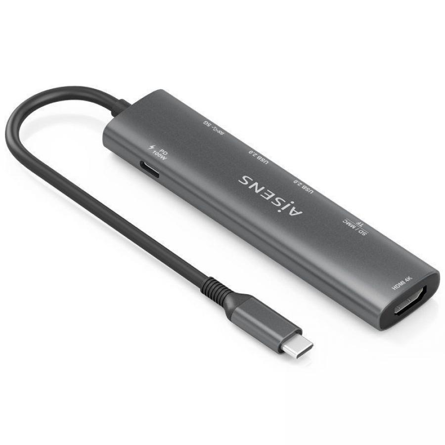 Docking USB Tipo-C Aisens ASUC-7P025-GR/ 1xHDMI 4K/ 3xUSB/ 1xUSB Tipo-C PD/ 1xLector Tarjetas/ Gris
