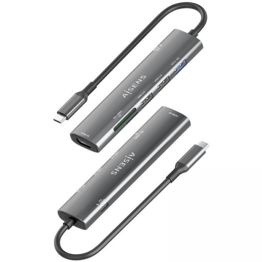 Docking USB Tipo-C Aisens ASUC-7P025-GR/ 1xHDMI 4K/ 3xUSB/ 1xUSB Tipo-C PD/ 1xLector Tarjetas/ Gris