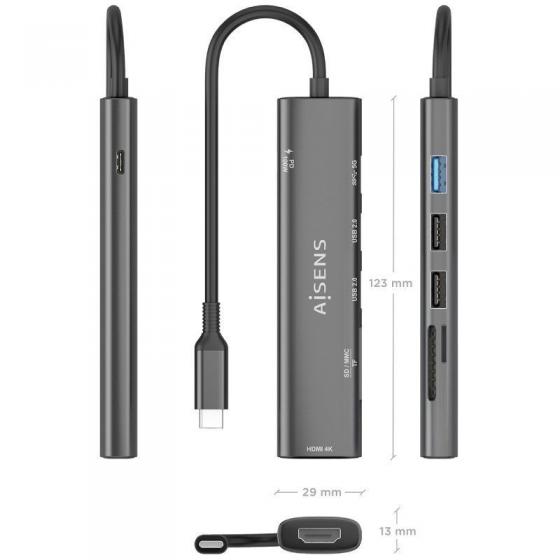 Docking USB Tipo-C Aisens ASUC-7P025-GR/ 1xHDMI 4K/ 3xUSB/ 1xUSB Tipo-C PD/ 1xLector Tarjetas/ Gris