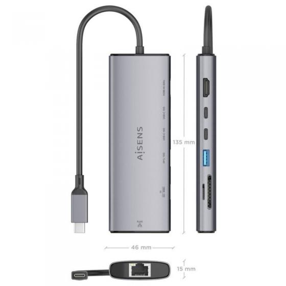 Docking USB Tipo-C Aisens ASUC-7P032-GR/ 1xHDMI 4K/ 1xUSB/ 2xUSB Tipo-C/ 1xRJ45/ 1xLector Tarjetas/ Gris