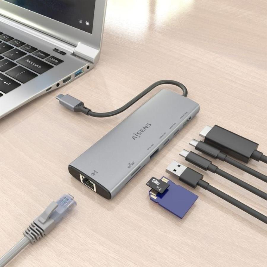 Docking USB Tipo-C Aisens ASUC-7P032-GR/ 1xHDMI 4K/ 1xUSB/ 2xUSB Tipo-C/ 1xRJ45/ 1xLector Tarjetas/ Gris