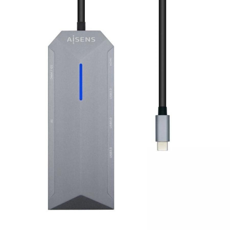 Docking USB Tipo-C Aisens ASUC-8P004-GR/ 1xHDMI 4K/ 3xUSB/ 1xRJ45/ 1xLector Tarjetas / 1xUSB Tipo-C PD/ Gris