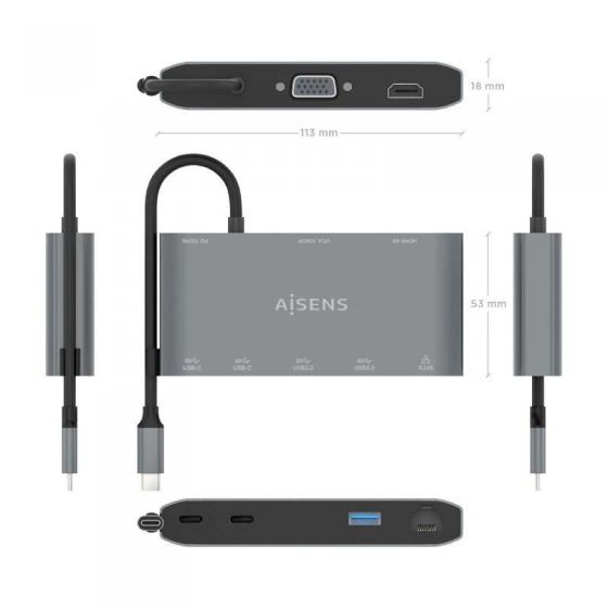 Docking USB Tipo-C Aisens ASUC-8P010-GR/ 1xHDMI 4K/ 1xVGA/ 2xUSB/ 1xRJ45/ 2xUSB Tipo-C/ 1xUSB Tipo-C PD/ Gris