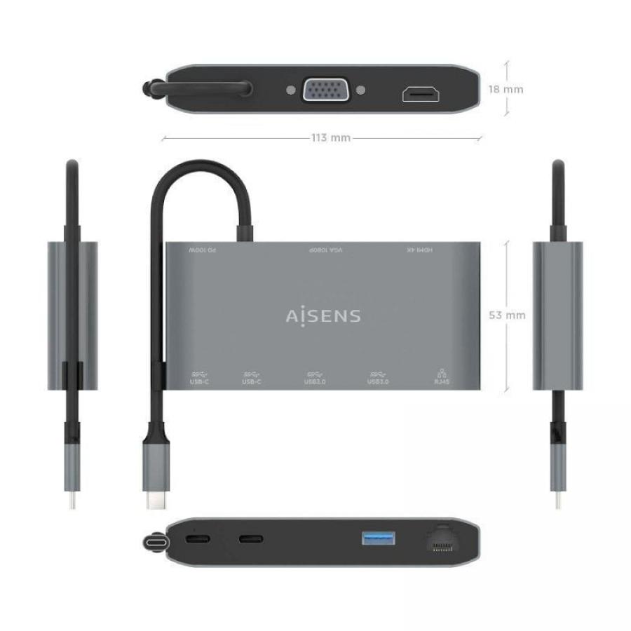 Docking USB Tipo-C Aisens ASUC-8P010-GR/ 1xHDMI 4K/ 1xVGA/ 2xUSB/ 1xRJ45/ 2xUSB Tipo-C/ 1xUSB Tipo-C PD/ Gris