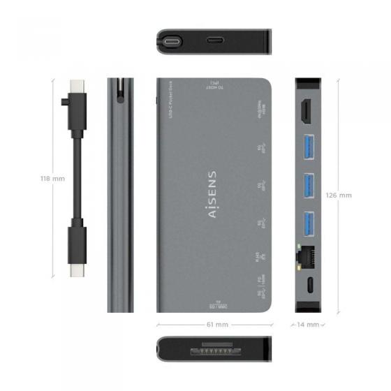Docking USB Tipo-C Aisens ASUC-8P015-GR/ 1xHDMI 4K/ 3xUSB/ 1xRJ45/ 1xLector Tarjetas / 1xUSB Tipo-C/ Gris