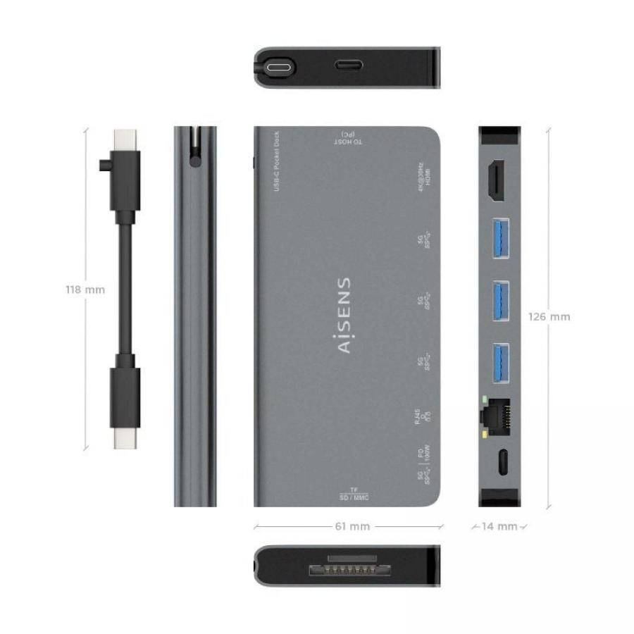 Docking USB Tipo-C Aisens ASUC-8P015-GR/ 1xHDMI 4K/ 3xUSB/ 1xRJ45/ 1xLector Tarjetas / 1xUSB Tipo-C/ Gris