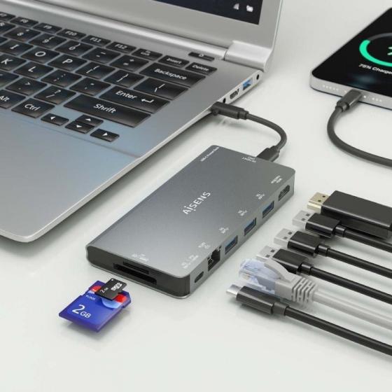 Docking USB Tipo-C Aisens ASUC-8P015-GR/ 1xHDMI 4K/ 3xUSB/ 1xRJ45/ 1xLector Tarjetas / 1xUSB Tipo-C/ Gris