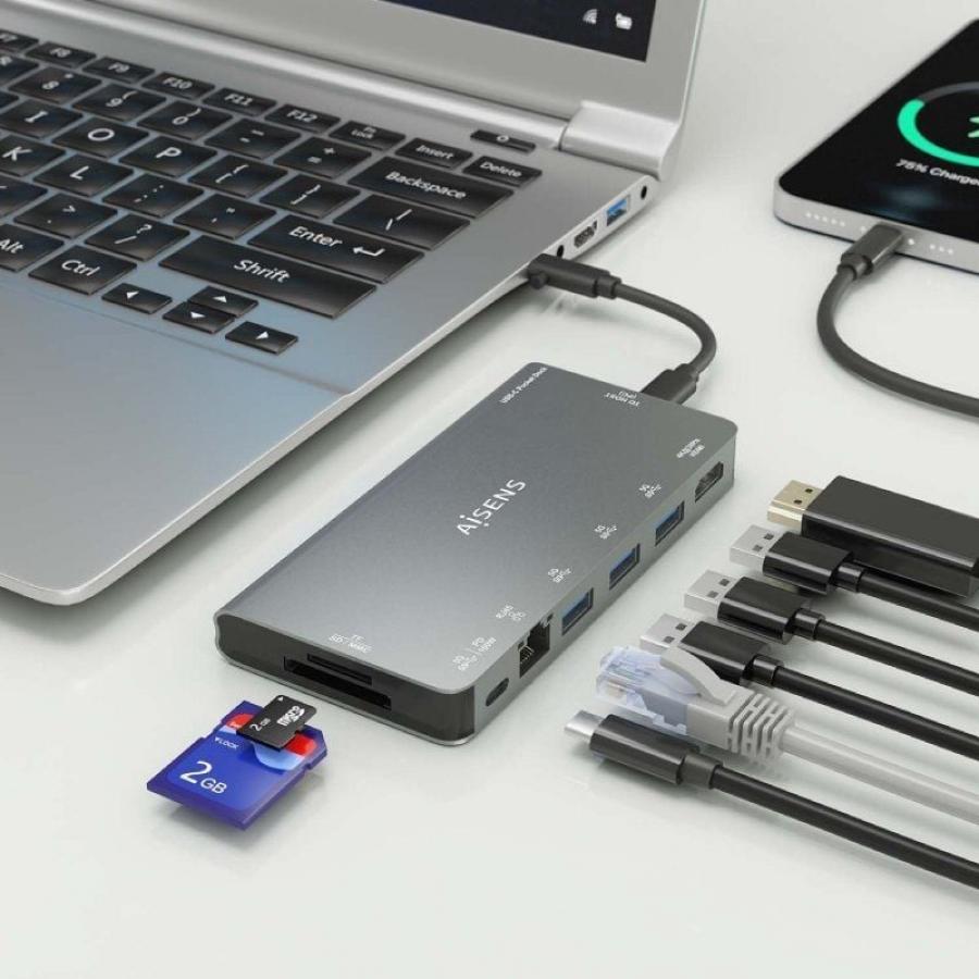 Docking USB Tipo-C Aisens ASUC-8P015-GR/ 1xHDMI 4K/ 3xUSB/ 1xRJ45/ 1xLector Tarjetas / 1xUSB Tipo-C/ Gris