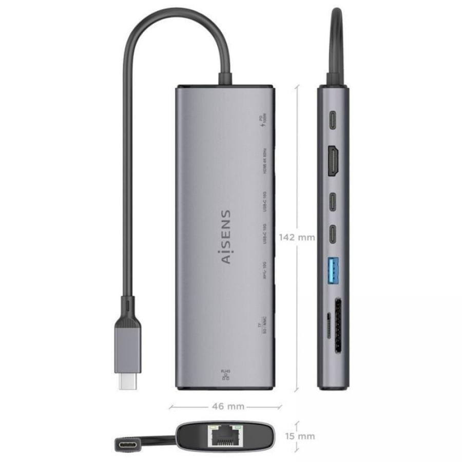 Docking USB Tipo-C Aisens ASUC-8P033-GR/ 1xHDMI 4K/ 1xUSB/ 2xUSB Tipo-C/ 1xRJ45/ 1xLector Tarjetas/ 1xUSB Tipo-C PD/ Gris