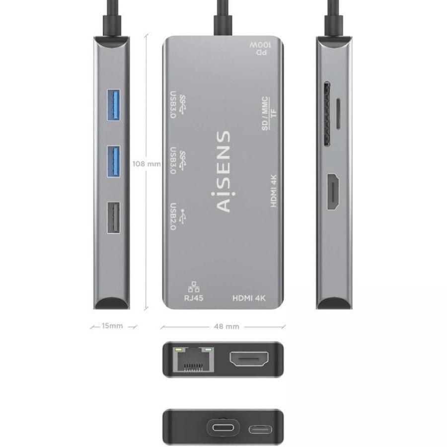 Docking USB Tipo-C Aisens ASUC-9P018-GR/ 2xHDMI 4K/ 3xUSB/ 1xRJ45/ 1xLector Tarjetas/ 1xUSB Tipo-C PD/ Gris