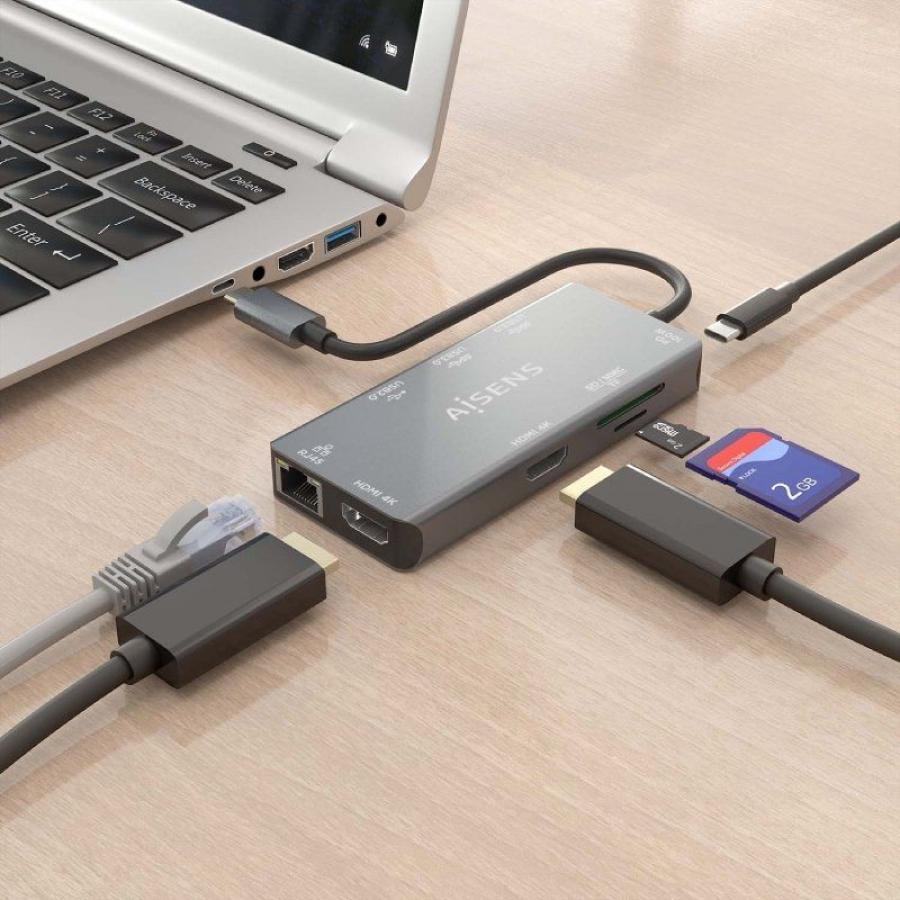 Docking USB Tipo-C Aisens ASUC-9P018-GR/ 2xHDMI 4K/ 3xUSB/ 1xRJ45/ 1xLector Tarjetas/ 1xUSB Tipo-C PD/ Gris