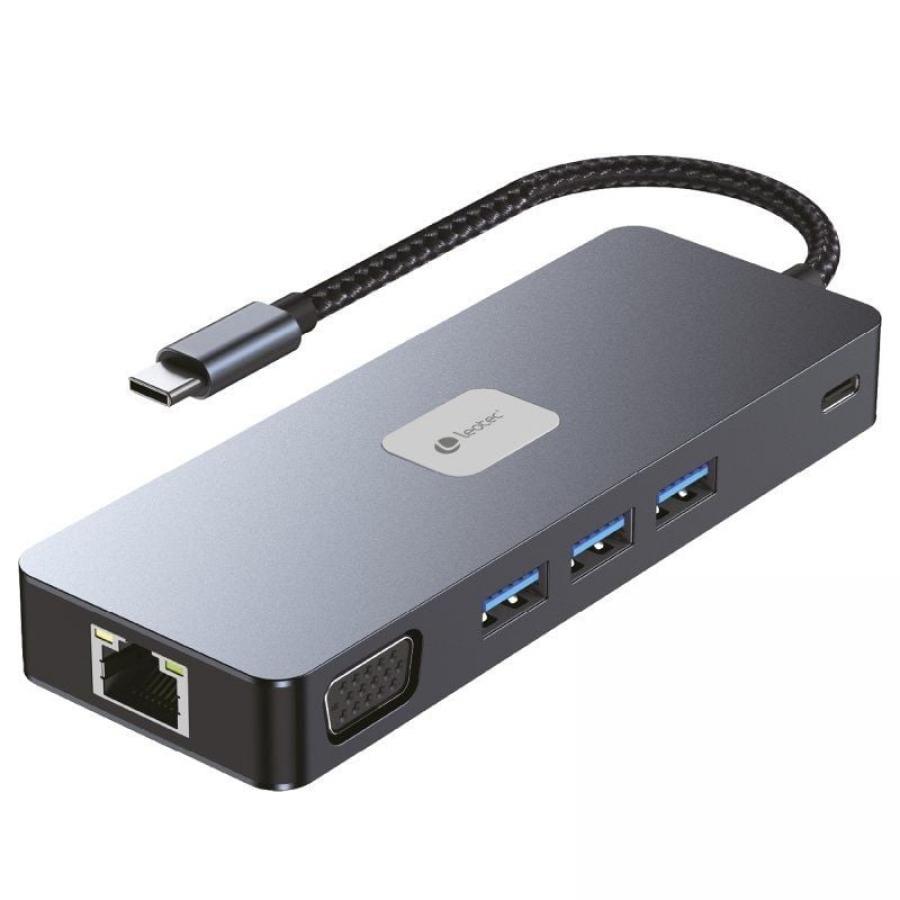Docking USB Tipo-C Leotec LEDS03/ 3xUSB/ 1xUSB Tipo-C PD/ 1xHDMI 4K/ 1xDisplayPort/ 1xVGA/ 1xAudio/ 1xRJ45/ 1xLector Tarjetas SD