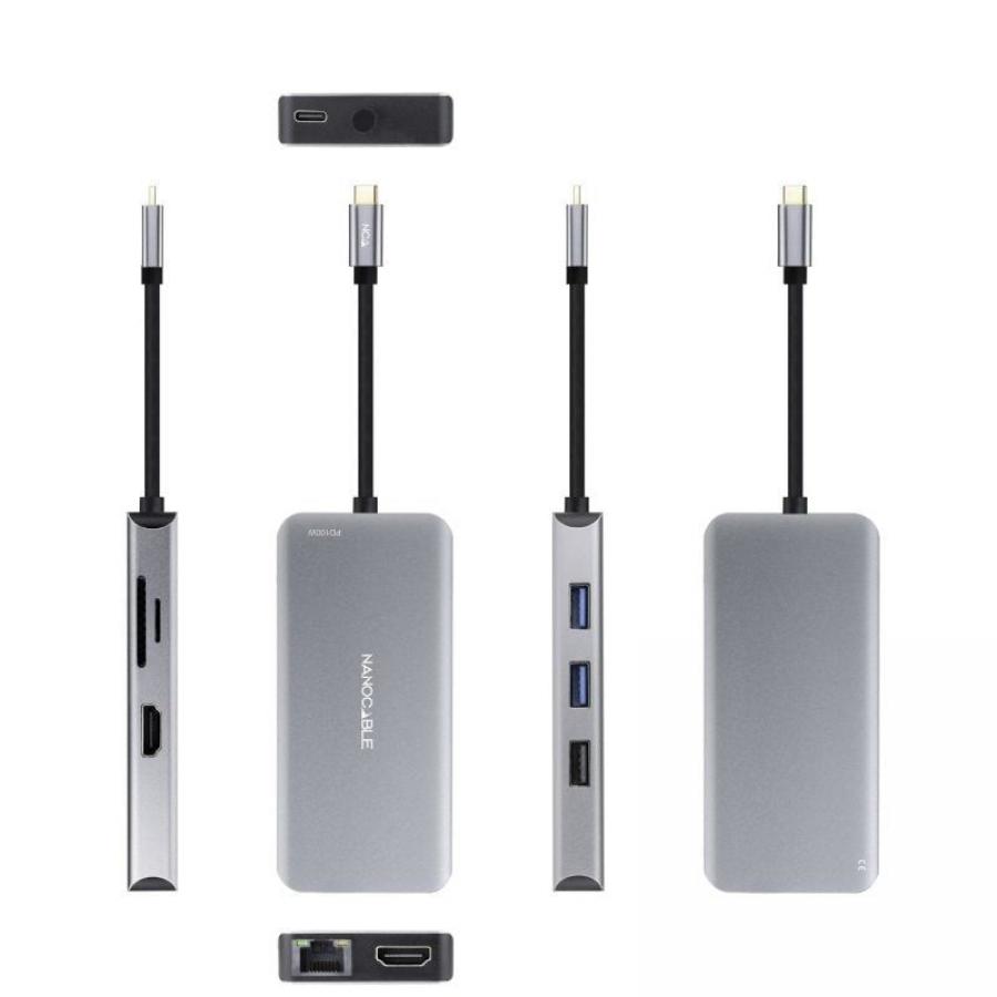 Docking Tipo-C Nanocable 10.16.1009/ 3xUSB/ 2xHDMI 4K/ 1xRJ45/ 1xLector tarjetas/ 1xUSB Tipo-C PD/ Gris