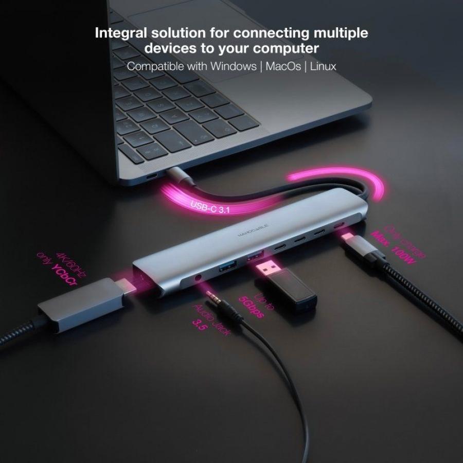 Docking Tipo-C Nanocable 10.16.4608/ 2xUSB/ 3xUSB Tipo-C/ 1xHDMI 4K/ 1xJack 3.5/ 1xUSB Tipo-C PD/ Gris
