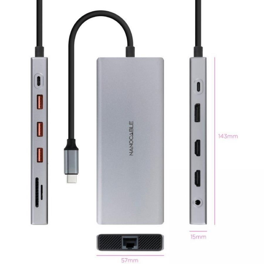 Docking Tipo-C Nanocable 10.16.4612/ 3xUSB/ 1xUSB Tipo-C/ 2xHDMI 4K/ 1xDisplayPort/ 1xRJ45/ 1xLector tarjetas/ 1xJack 3.5/ 1xUSB