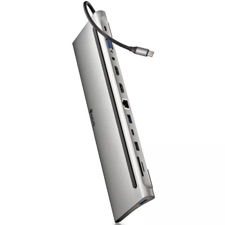 Docking USB Tipo-C NGS WonderDock12/ 3xUSB/ 2xHDMI 4K/ 1xVGA/ 1xRJ45/ 1xLector de Tarjetas/ 1xJack 3.5/ 1xUSB Tipo-C PD/ Gris
