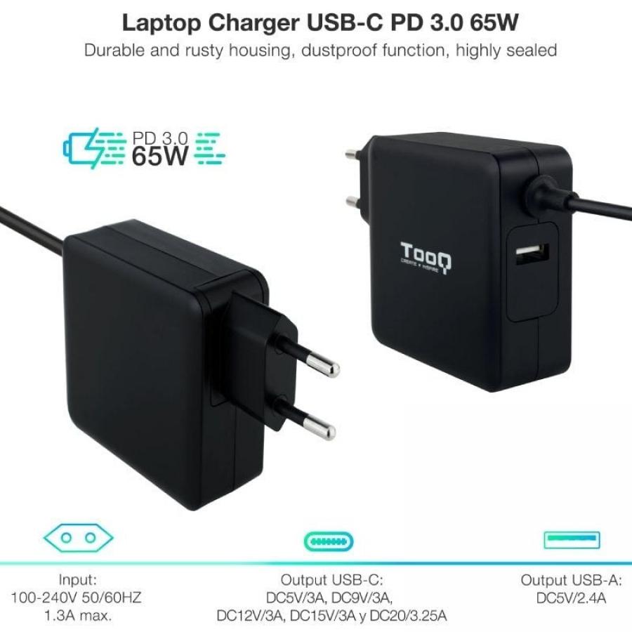 Cargador de Portátil TooQ TQLC-USBC65PD USB Tipo-C/ 65W/ Automático/ Voltaje 5-20V