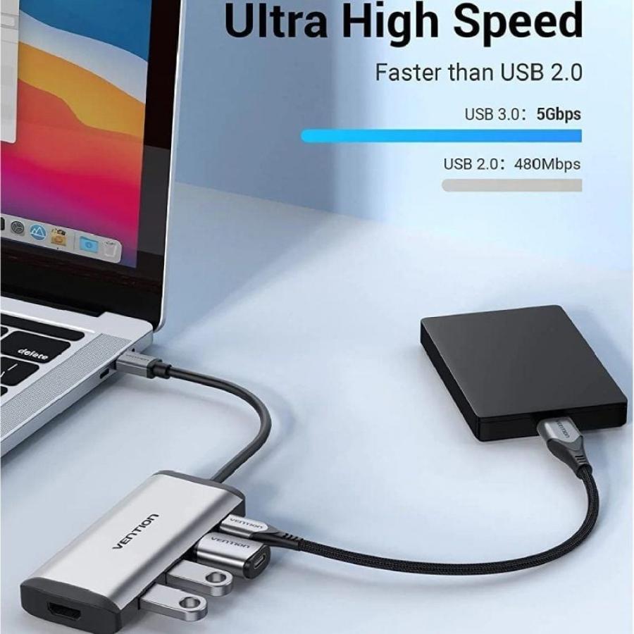 Docking USB Tipo-C Vention CNBHB/ 1xHDMI 4K/ 3xUSB/ 1xUSB Tipo-C PD/ Gris