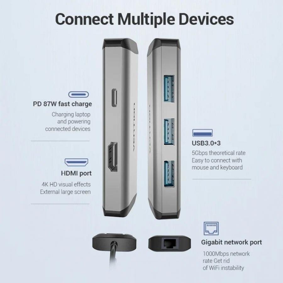 Docking USB Tipo-C Vention CNCHB/ 1xHDMI 4K/ 3xUSB/ 1xUSB Tipo-C PD/ 1xRJ45/ Gris
