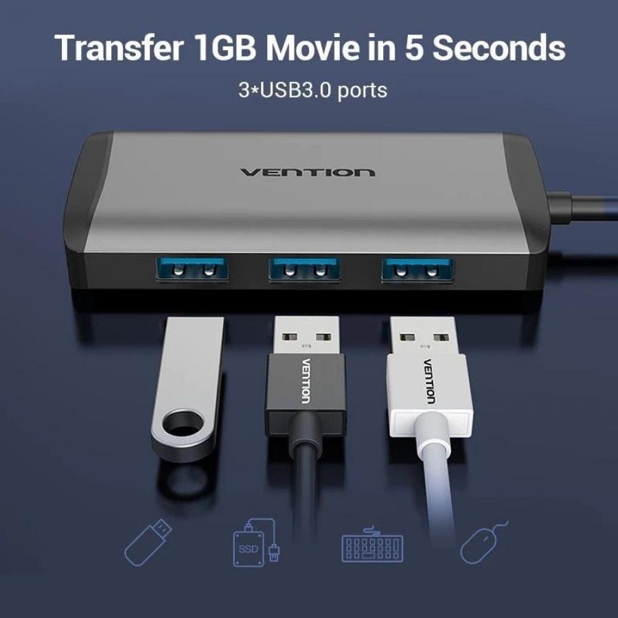 Docking USB Tipo-C Vention CNCHB/ 1xHDMI 4K/ 3xUSB/ 1xUSB Tipo-C PD/ 1xRJ45/ Gris