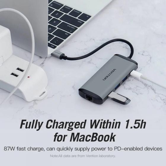 Docking USB Tipo-C Vention CNDHB/ 1xHDMI 4K/ 3xUSB/ 1xUSB Tipo-C PD/ 1xRJ45/ 1xLector tarjetas/ Gris