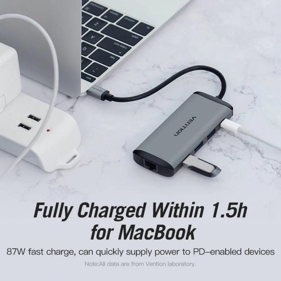 Docking USB Tipo-C Vention CNDHB/ 1xHDMI 4K/ 3xUSB/ 1xUSB Tipo-C PD/ 1xRJ45/ 1xLector tarjetas/ Gris